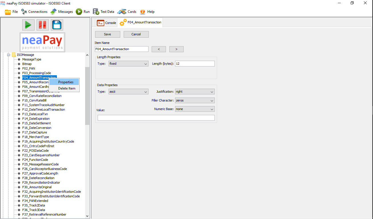 Changing fields definitions in the ISO8583 simulator and message converter